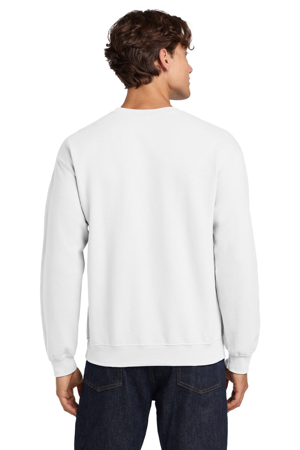 Gildan 18000 Mens Pill Resistant Fleece Crewneck Sweatshirt White Model Back