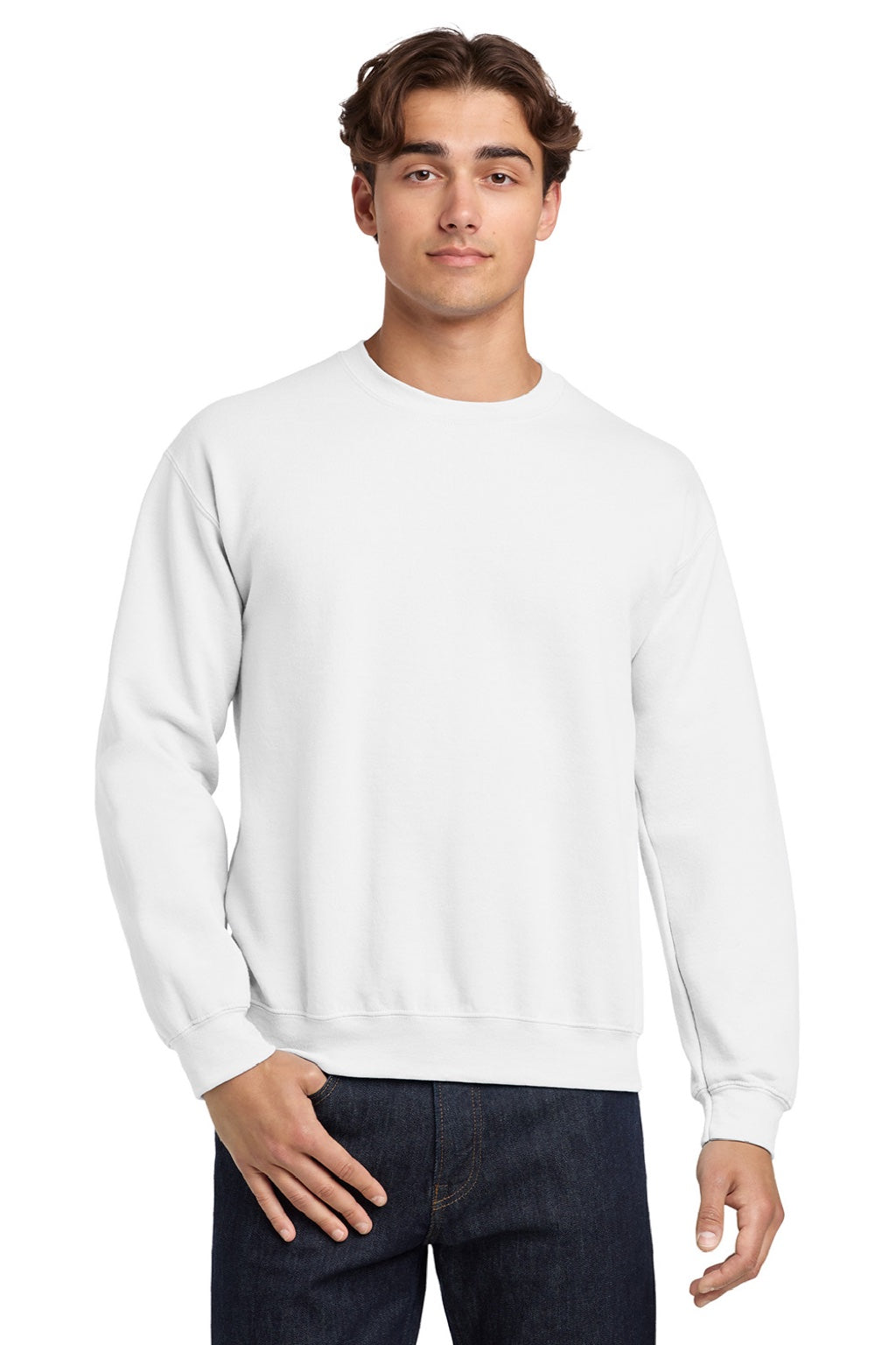 Gildan 18000 Mens Pill Resistant Fleece Crewneck Sweatshirt White Model Front