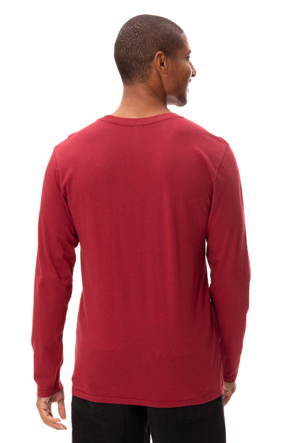 Threadfast Apparel 180LS Mens Ultimate Long Sleeve Crewneck T-Shirt Burgundy Model Back