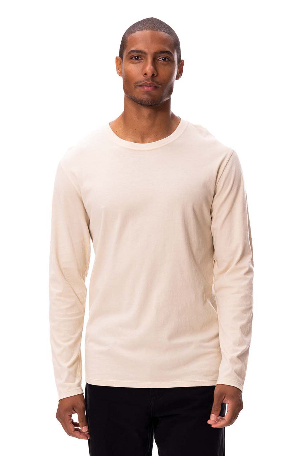 Threadfast Apparel 180LS Mens Ultimate Long Sleeve Crewneck T-Shirt Sand Model Front