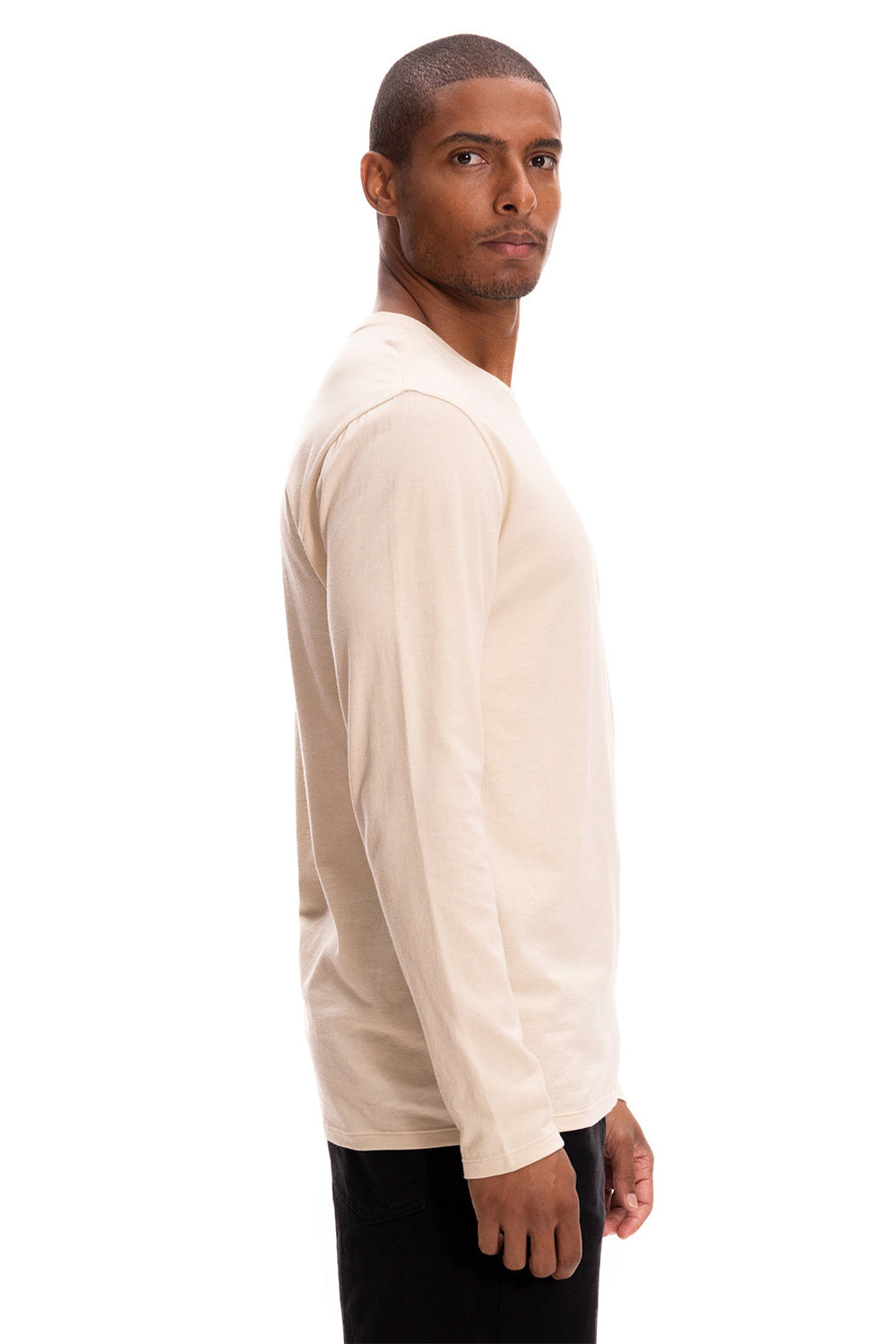 Threadfast Apparel 180LS Mens Ultimate Long Sleeve Crewneck T-Shirt Sand Model Side