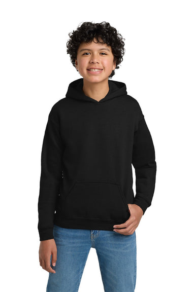 Gildan 18500B Youth Pill Resistant Hooded Sweatshirt Hoodie w/ Pouch Pocket Black Model Front