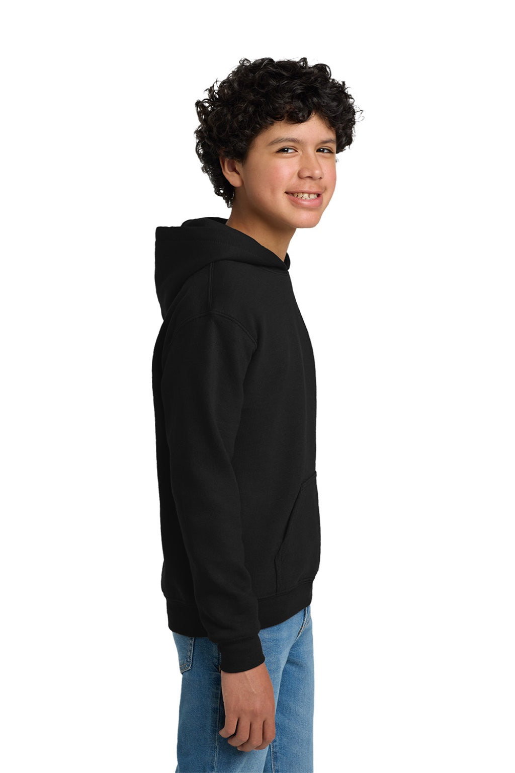 Gildan 18500B Youth Pill Resistant Hooded Sweatshirt Hoodie w/ Pouch Pocket Black Model Side