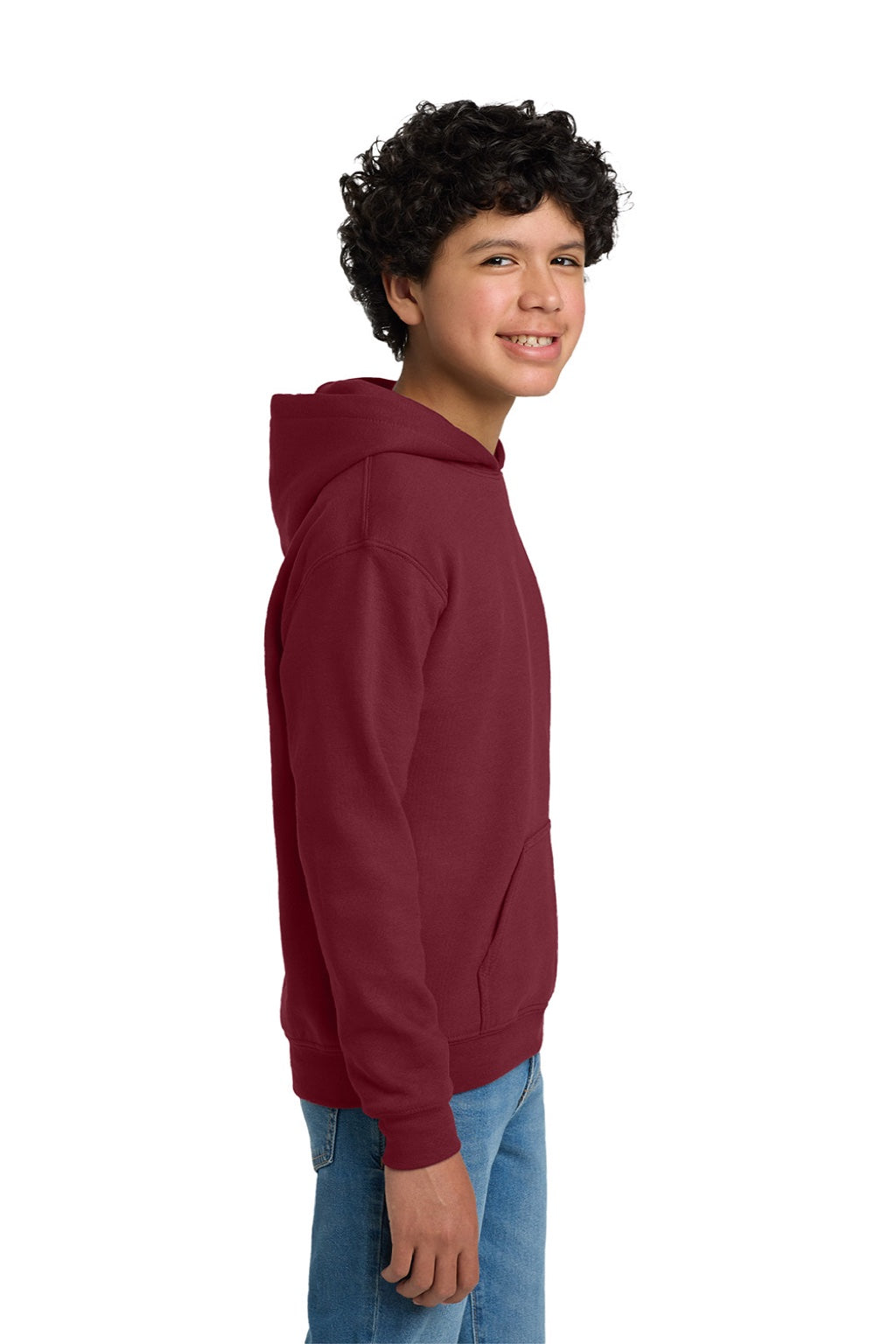 Gildan 18500B Youth Pill Resistant Hooded Sweatshirt Hoodie w/ Pouch Pocket Cardinal Red Model Side