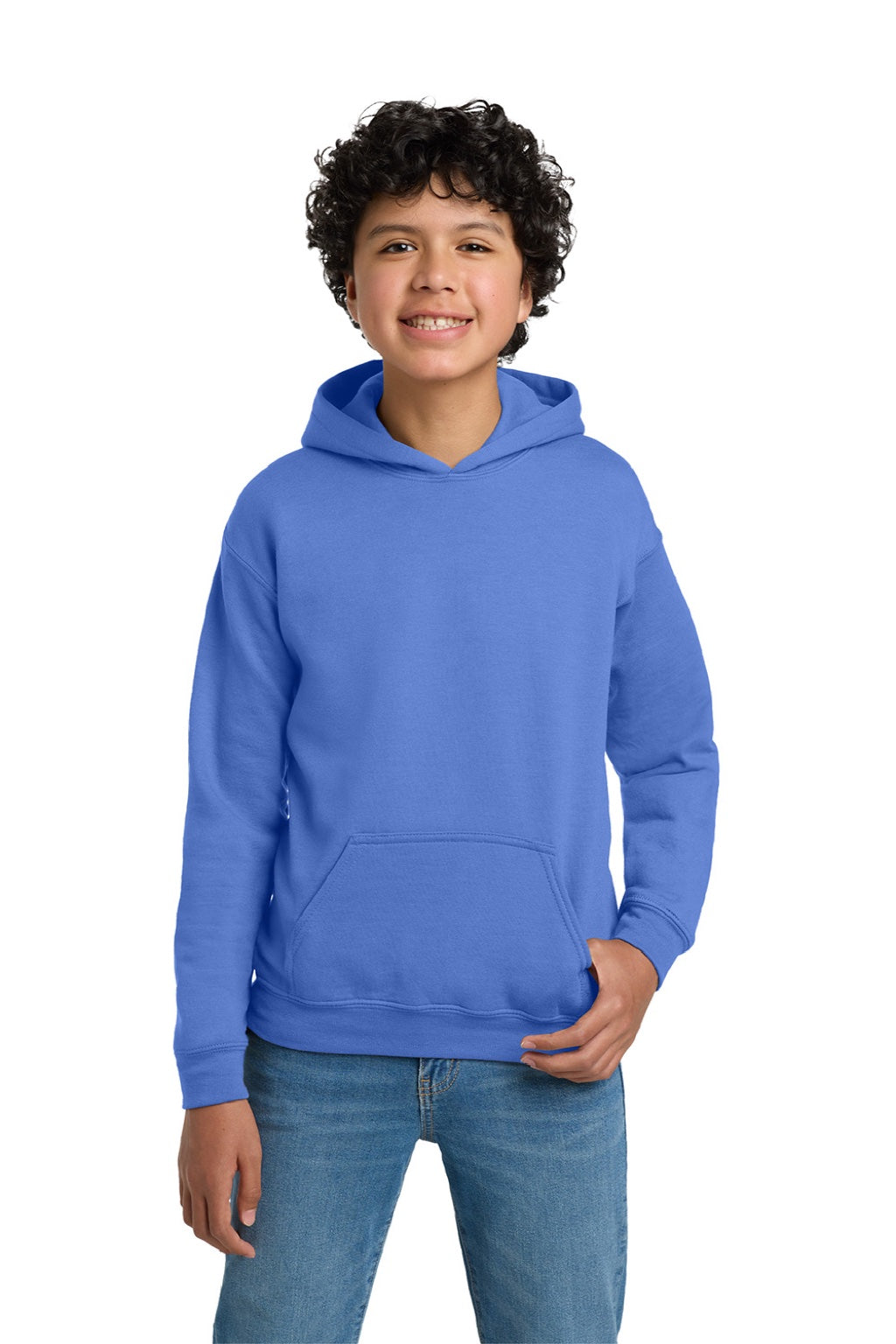 Gildan 18500B Youth Pill Resistant Hooded Sweatshirt Hoodie w/ Pouch Pocket Carolina Blue Model Front