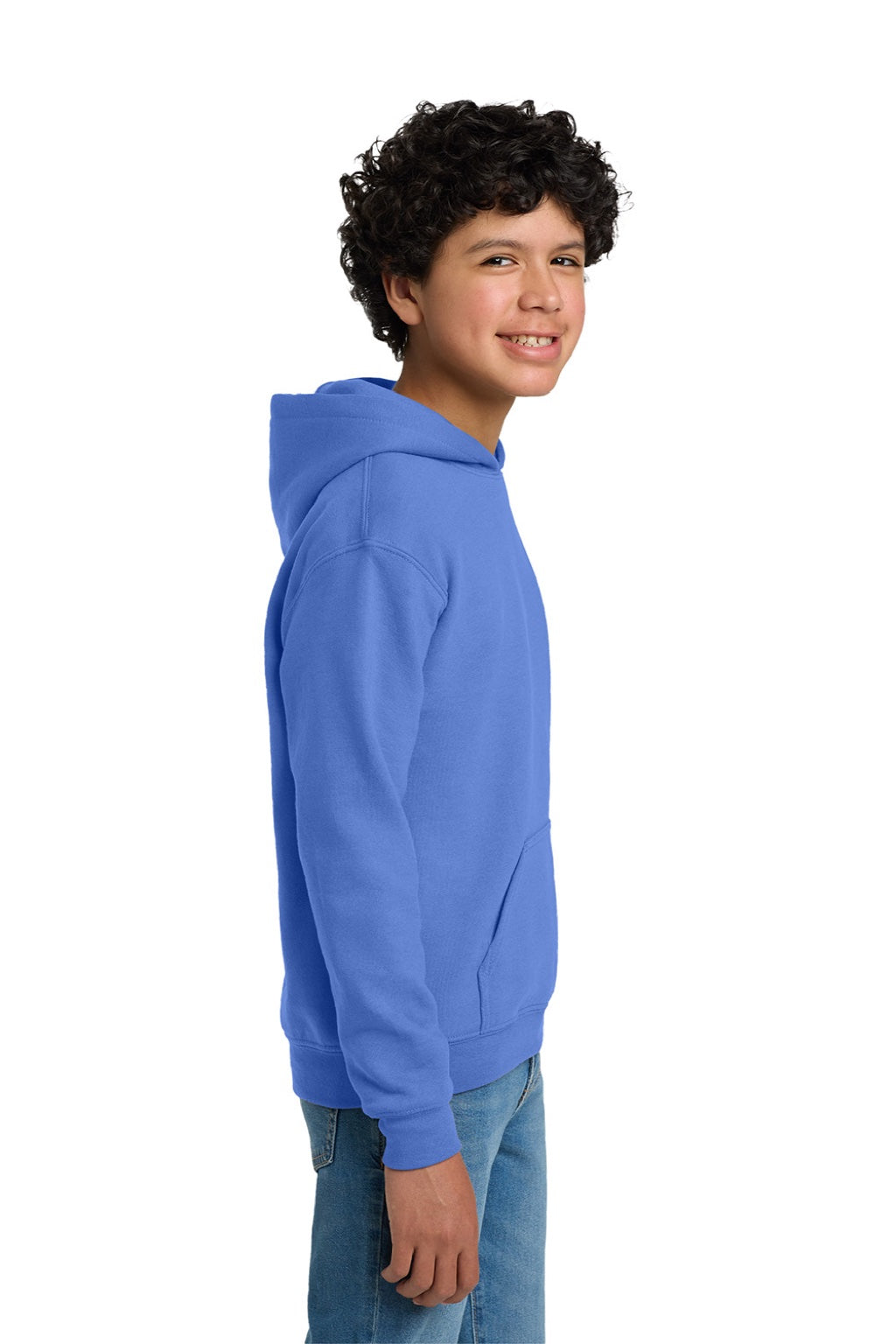 Gildan 18500B Youth Pill Resistant Hooded Sweatshirt Hoodie w/ Pouch Pocket Carolina Blue Model Side