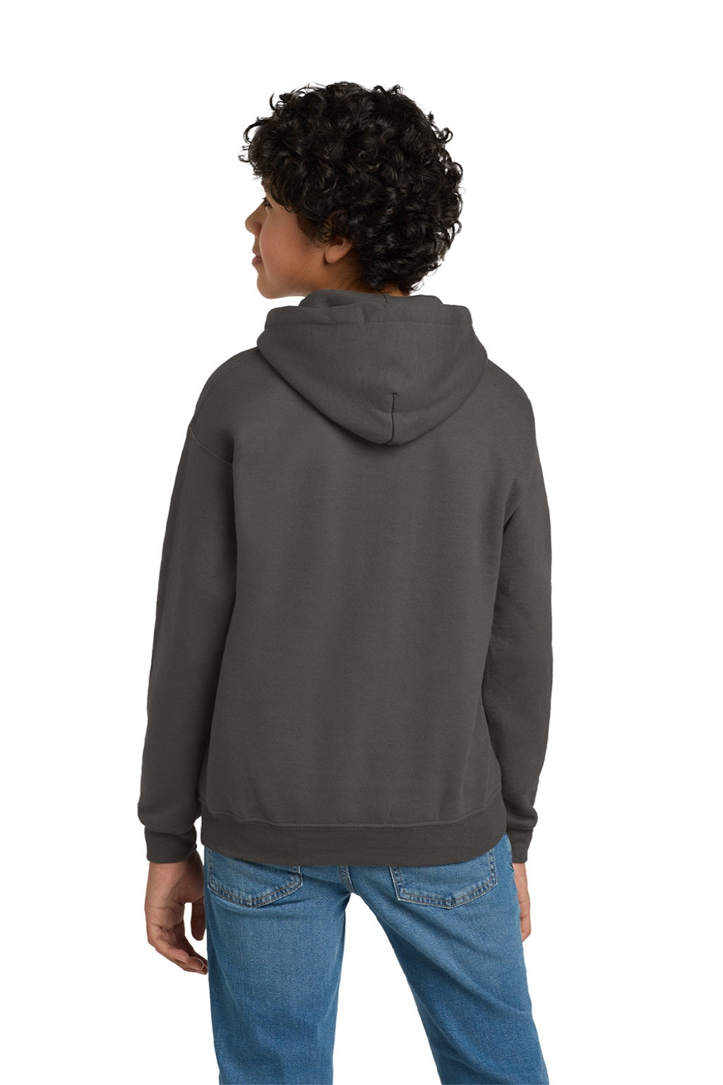 Gildan 18500B Youth Pill Resistant Hooded Sweatshirt Hoodie w/ Pouch Pocket Charcoal Grey Model Back
