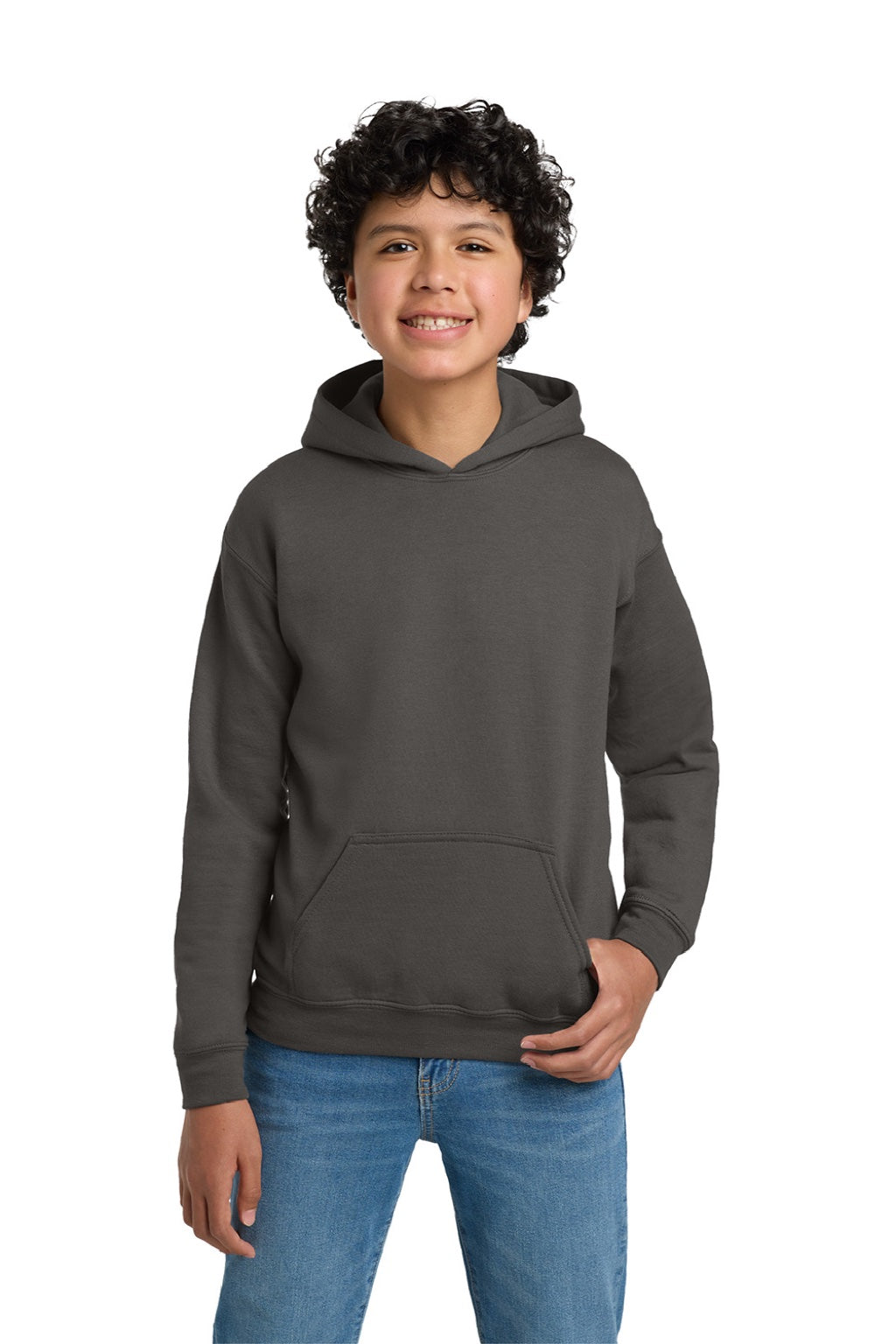 Gildan 18500B Youth Pill Resistant Hooded Sweatshirt Hoodie w/ Pouch Pocket Charcoal Grey Model Front