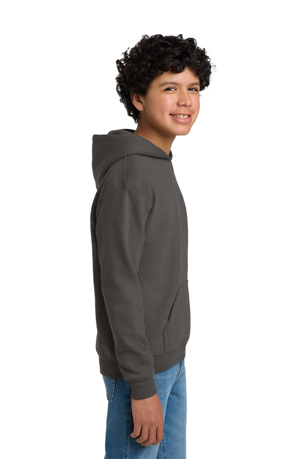 Gildan 18500B Youth Pill Resistant Hooded Sweatshirt Hoodie w/ Pouch Pocket Charcoal Grey Model Side
