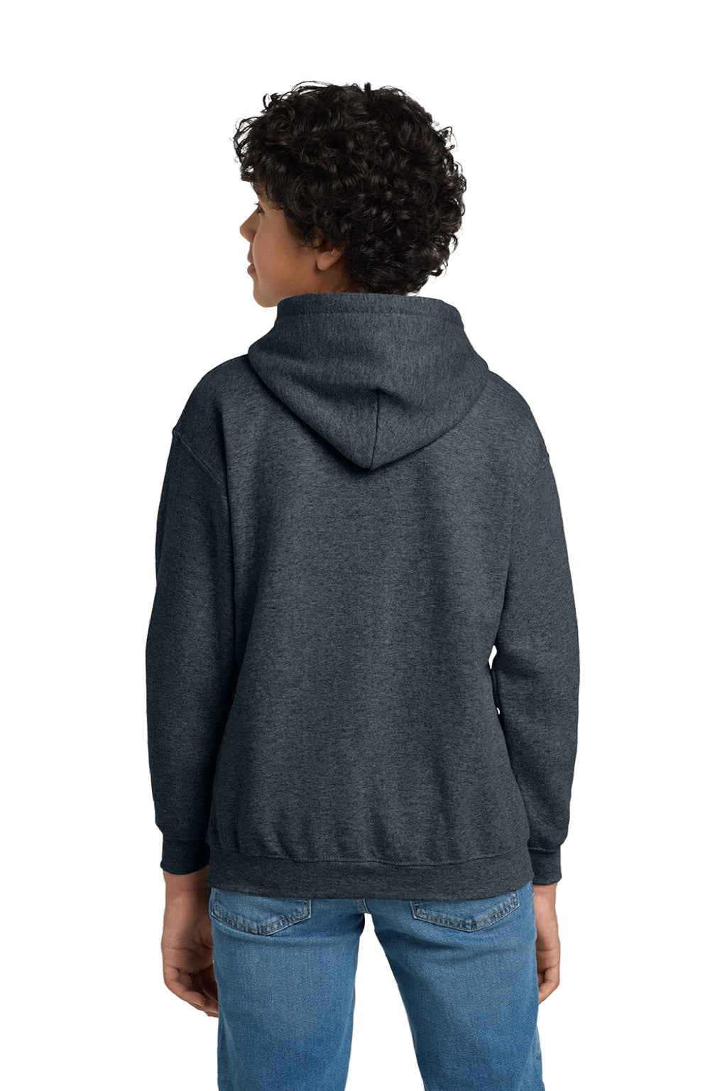Gildan 18500B Youth Pill Resistant Hooded Sweatshirt Hoodie w/ Pouch Pocket Heather Dark Grey Model Back