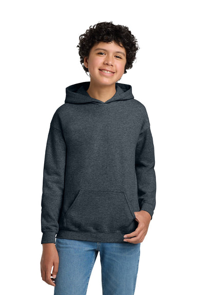 Gildan 18500B Youth Pill Resistant Hooded Sweatshirt Hoodie w/ Pouch Pocket Heather Dark Grey Model Front