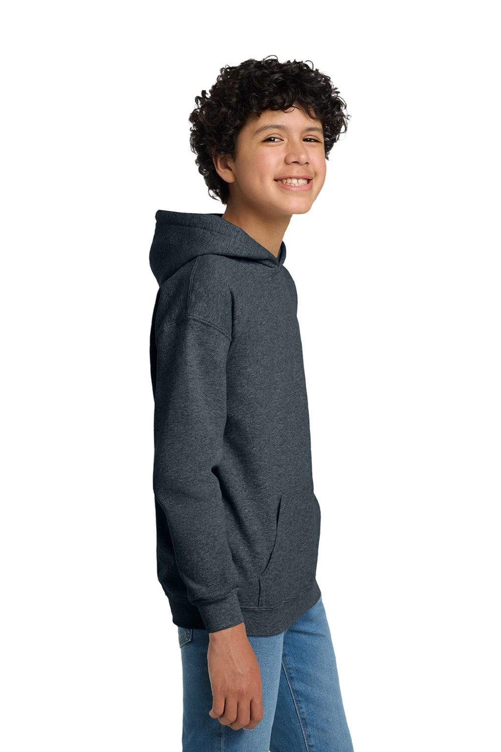 Gildan 18500B Youth Pill Resistant Hooded Sweatshirt Hoodie w/ Pouch Pocket Heather Dark Grey Model Side