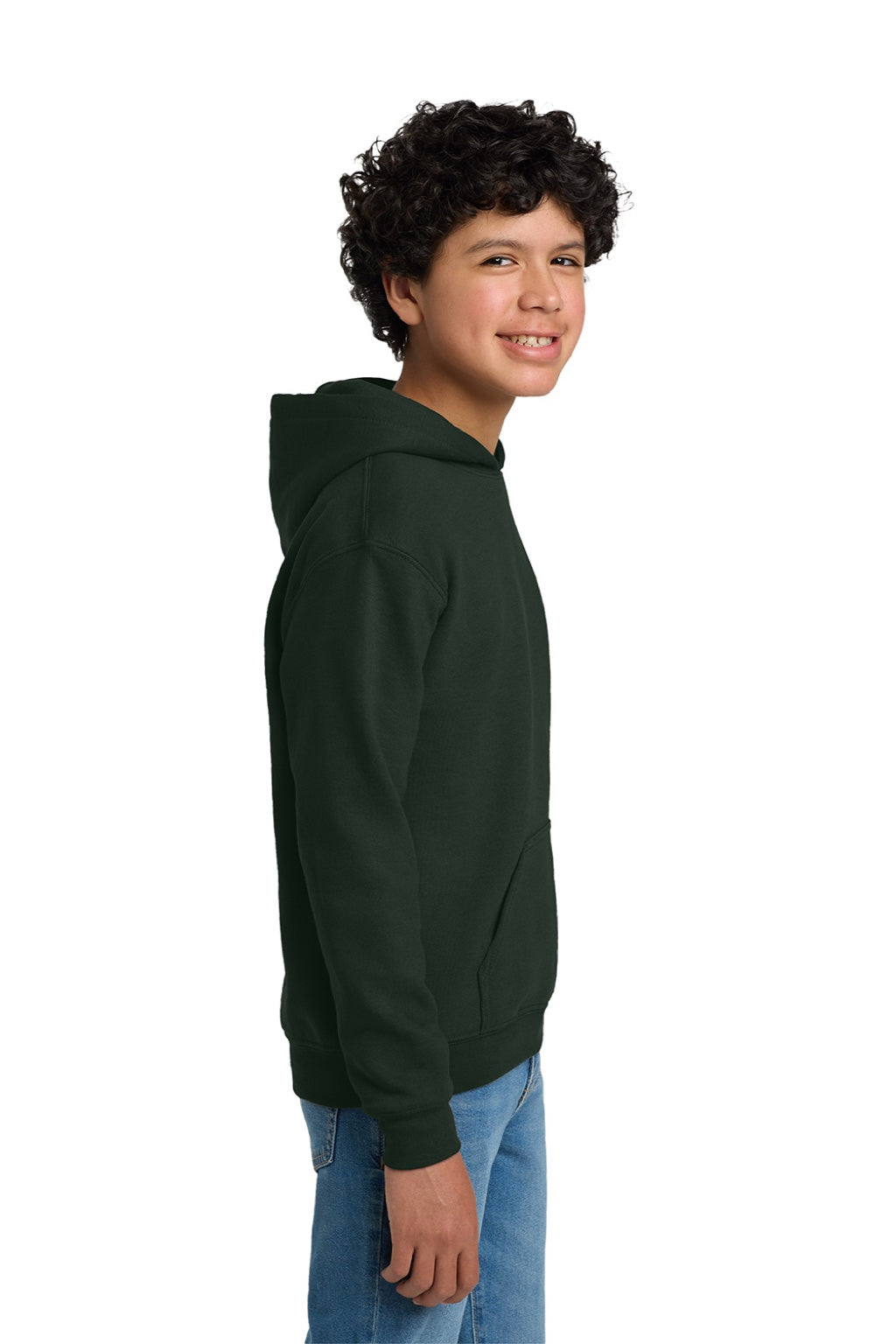 Gildan 18500B Youth Pill Resistant Hooded Sweatshirt Hoodie w/ Pouch Pocket Forest Green Model Side