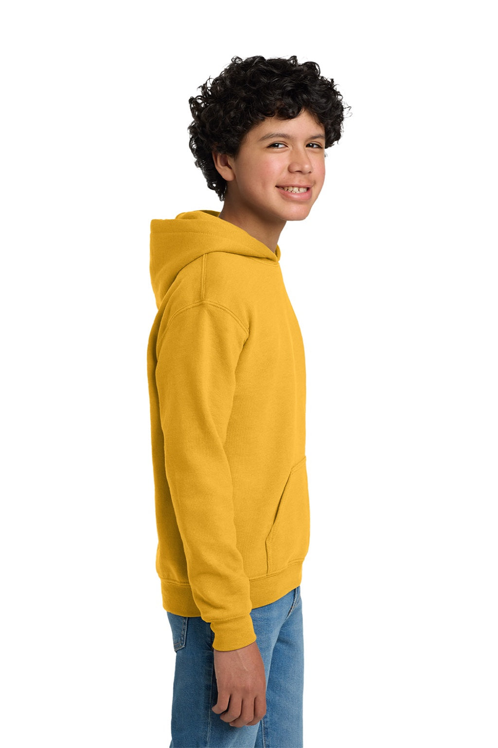 Gildan 18500B Youth Pill Resistant Hooded Sweatshirt Hoodie w/ Pouch Pocket Gold Model Side
