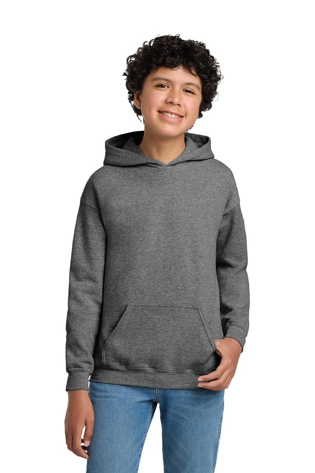 Gildan 18500B Youth Pill Resistant Hooded Sweatshirt Hoodie w/ Pouch Pocket Heather Graphite Grey Model Front