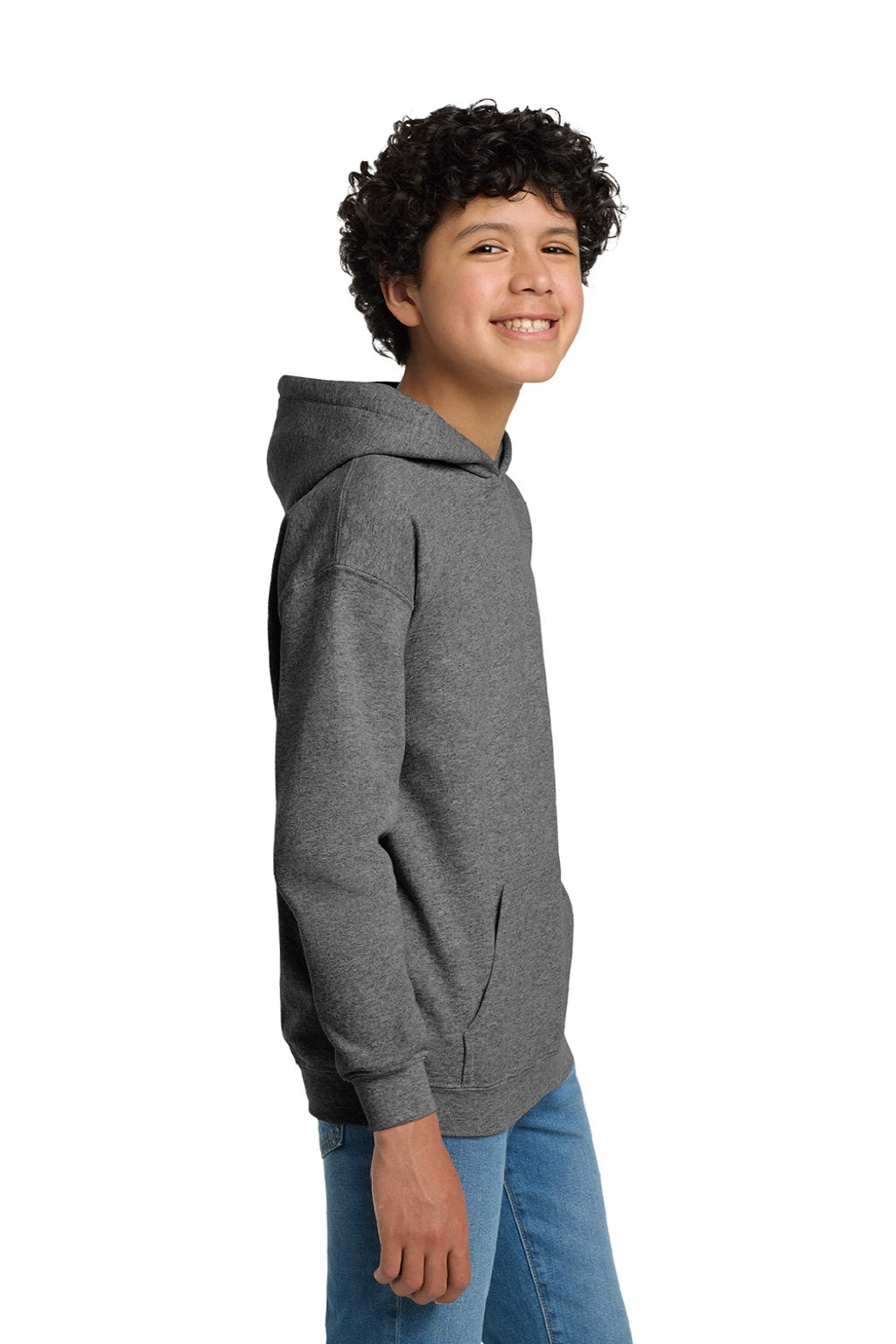 Gildan 18500B Youth Pill Resistant Hooded Sweatshirt Hoodie w/ Pouch Pocket Heather Graphite Grey Model Side