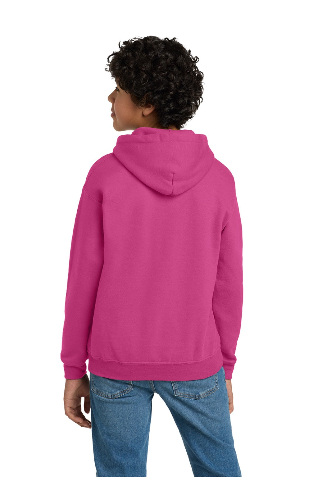 Gildan 18500B Youth Pill Resistant Hooded Sweatshirt Hoodie w/ Pouch Pocket Heliconia Pink Model Back