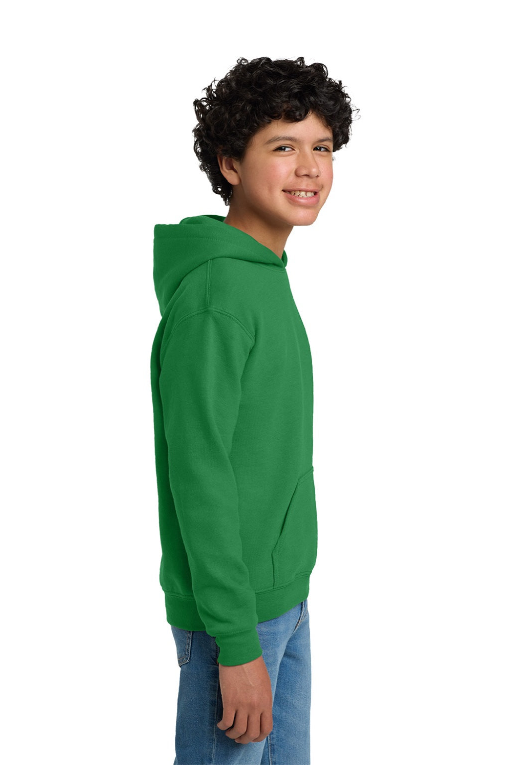 Gildan 18500B Youth Pill Resistant Hooded Sweatshirt Hoodie w/ Pouch Pocket Irish Green Model Side