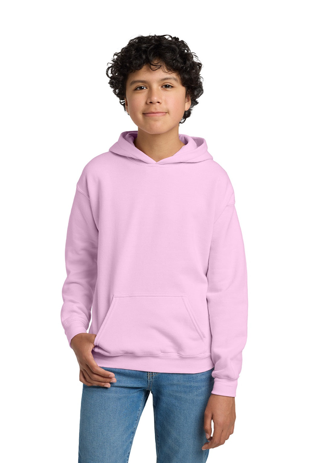 Gildan 18500B Youth Pill Resistant Hooded Sweatshirt Hoodie w/ Pouch Pocket Light Pink Model Front