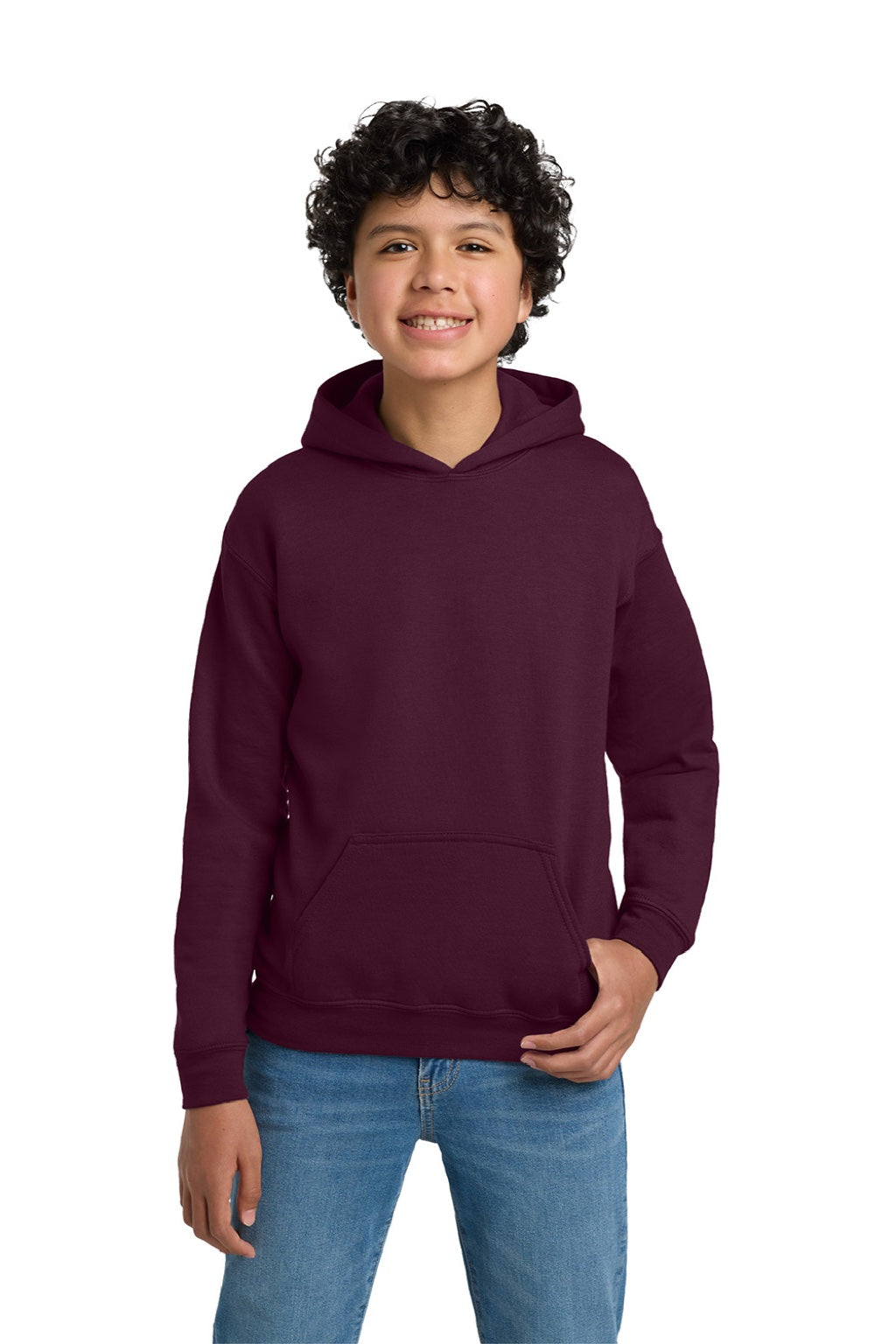Gildan 18500B Youth Pill Resistant Hooded Sweatshirt Hoodie w/ Pouch Pocket Maroon Model Front