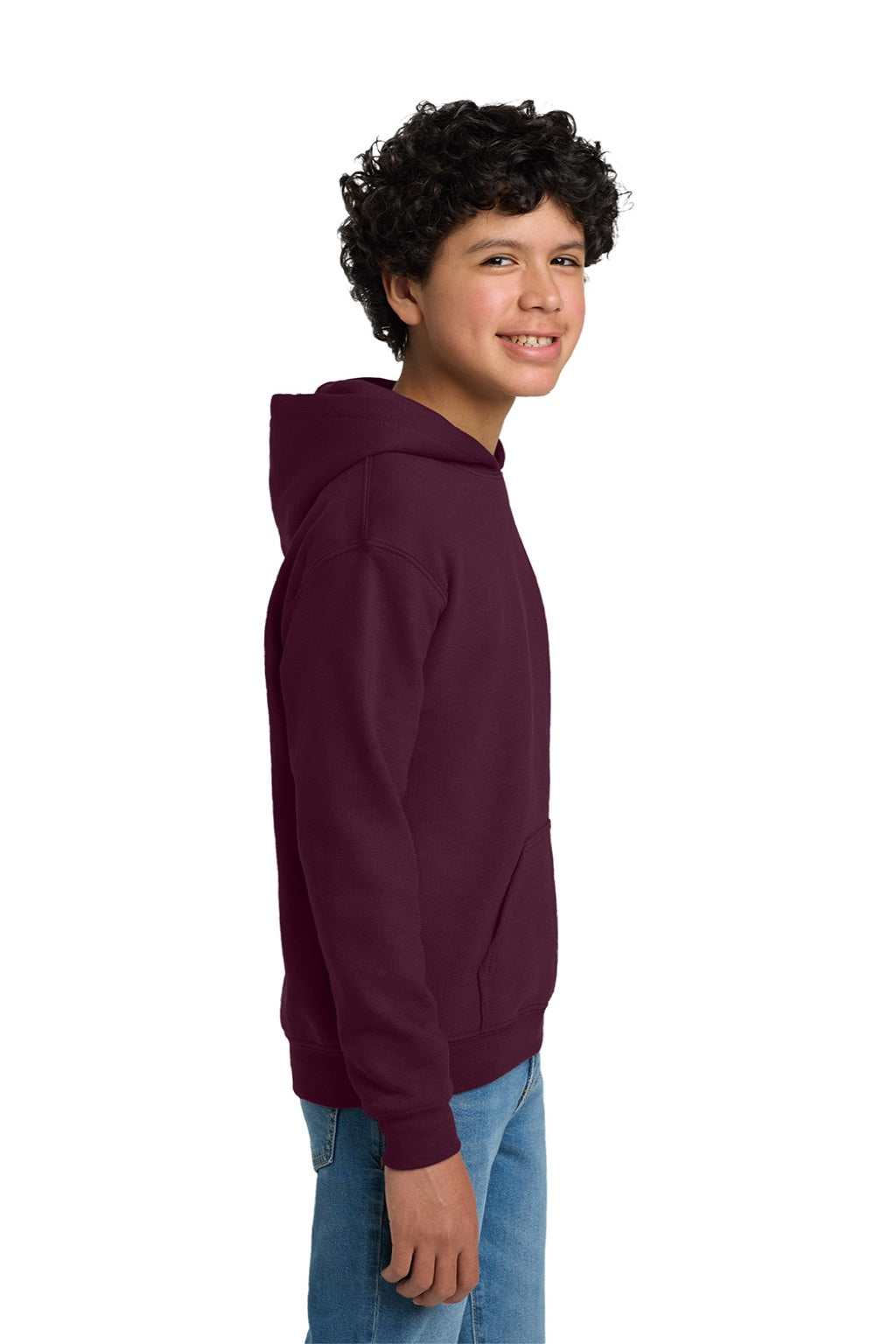 Gildan 18500B Youth Pill Resistant Hooded Sweatshirt Hoodie w/ Pouch Pocket Maroon Model Side