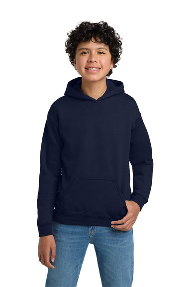 Gildan 18500B Youth Pill Resistant Hooded Sweatshirt Hoodie w/ Pouch Pocket Navy Blue Model Front