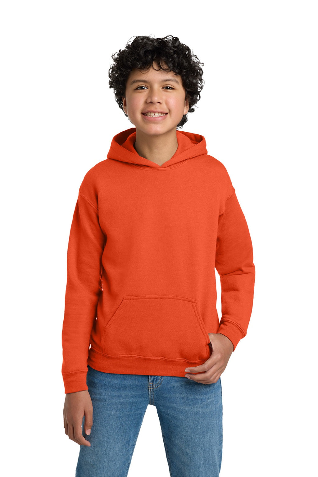 Gildan 18500B Youth Pill Resistant Hooded Sweatshirt Hoodie w/ Pouch Pocket Orange Model Front