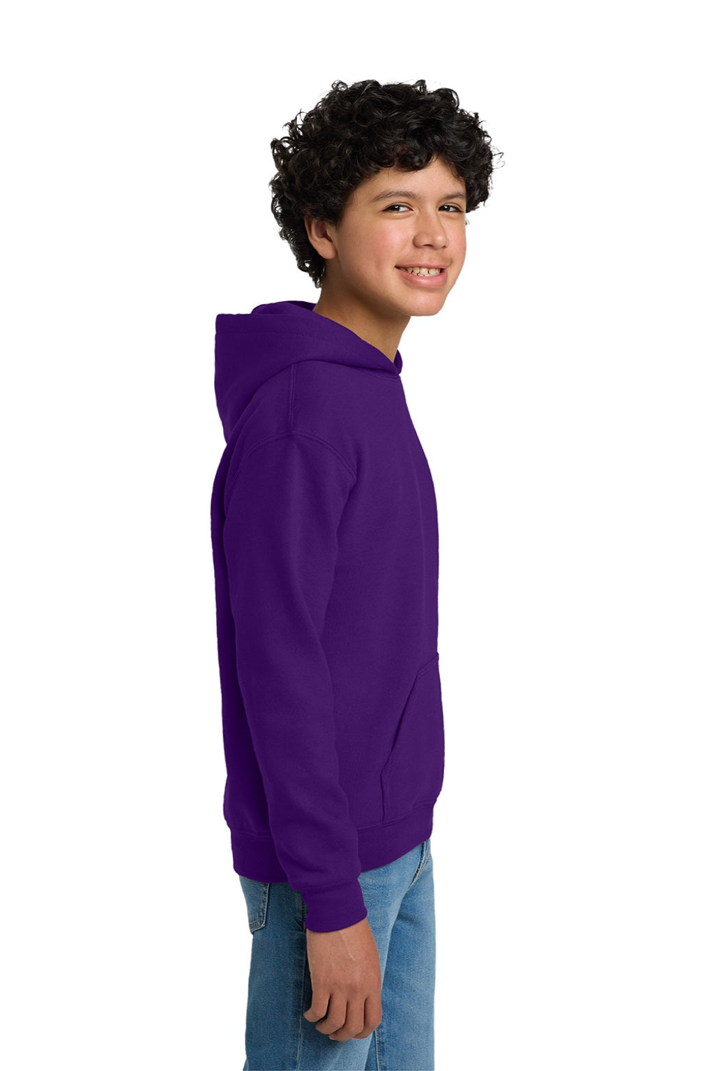 Gildan 18500B Youth Pill Resistant Hooded Sweatshirt Hoodie w/ Pouch Pocket Purple Model Side