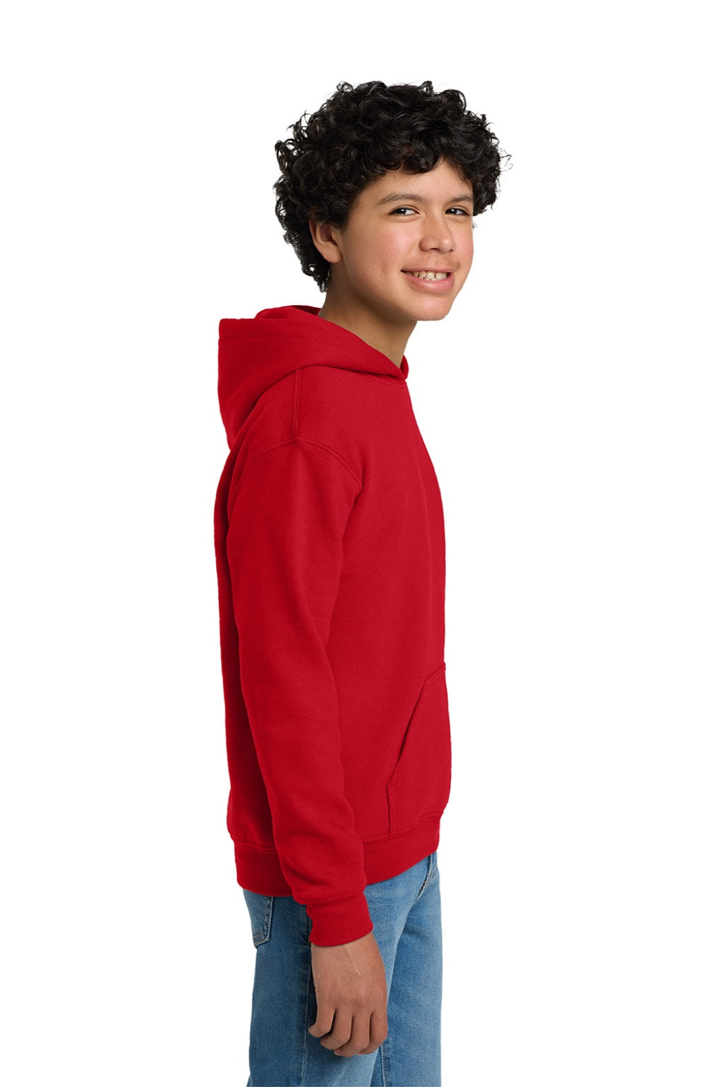 Gildan 18500B Youth Pill Resistant Hooded Sweatshirt Hoodie w/ Pouch Pocket Red Model Side