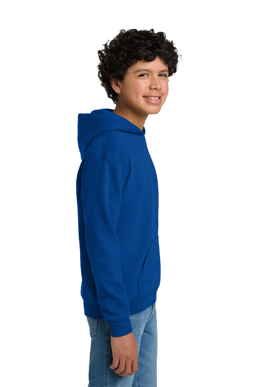 Gildan 18500B Youth Pill Resistant Hooded Sweatshirt Hoodie w/ Pouch Pocket Royal Blue Model Side