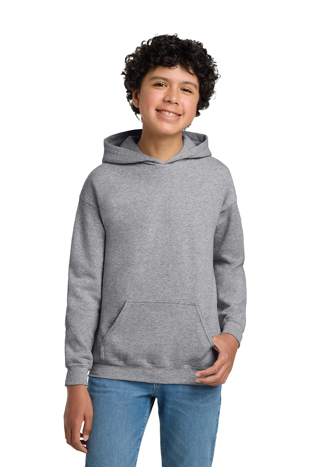 Gildan 18500B Youth Pill Resistant Hooded Sweatshirt Hoodie w/ Pouch Pocket Sport Grey Model Front