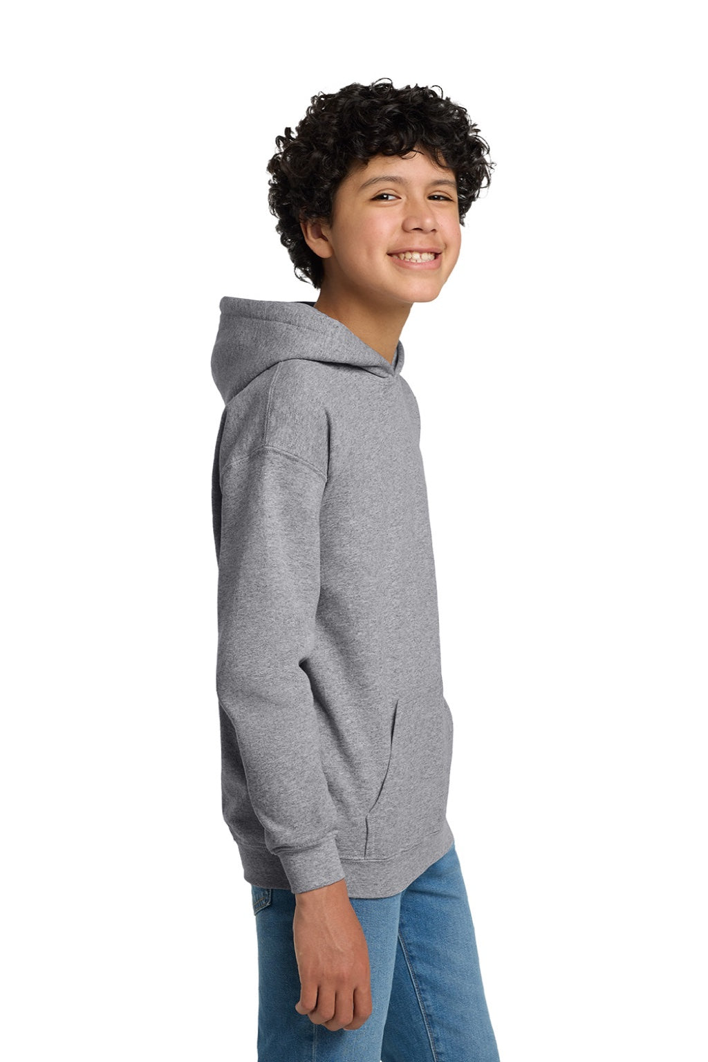 Gildan 18500B Youth Pill Resistant Hooded Sweatshirt Hoodie w/ Pouch Pocket Sport Grey Model Side