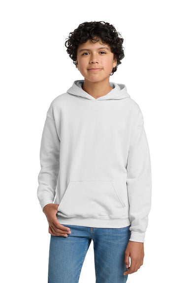 Gildan 18500B Youth Pill Resistant Hooded Sweatshirt Hoodie w/ Pouch Pocket White Model Front