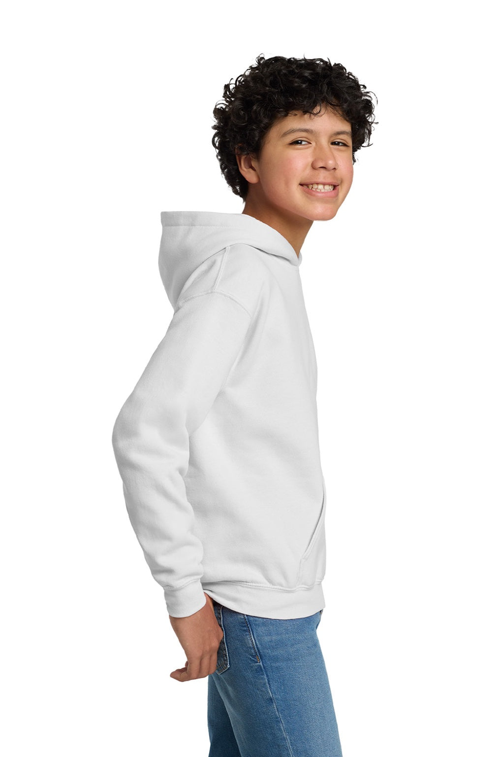 Gildan 18500B Youth Pill Resistant Hooded Sweatshirt Hoodie w/ Pouch Pocket White Model Side