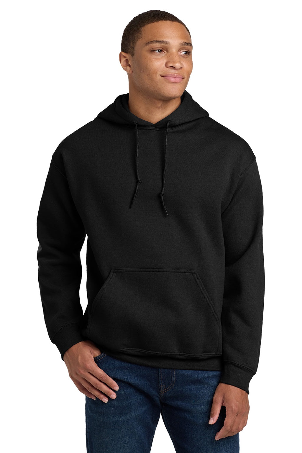 Gildan 18500 Mens Pill Resistant Hooded Sweatshirt Hoodie w/ Pouch Pocket Black Model Front