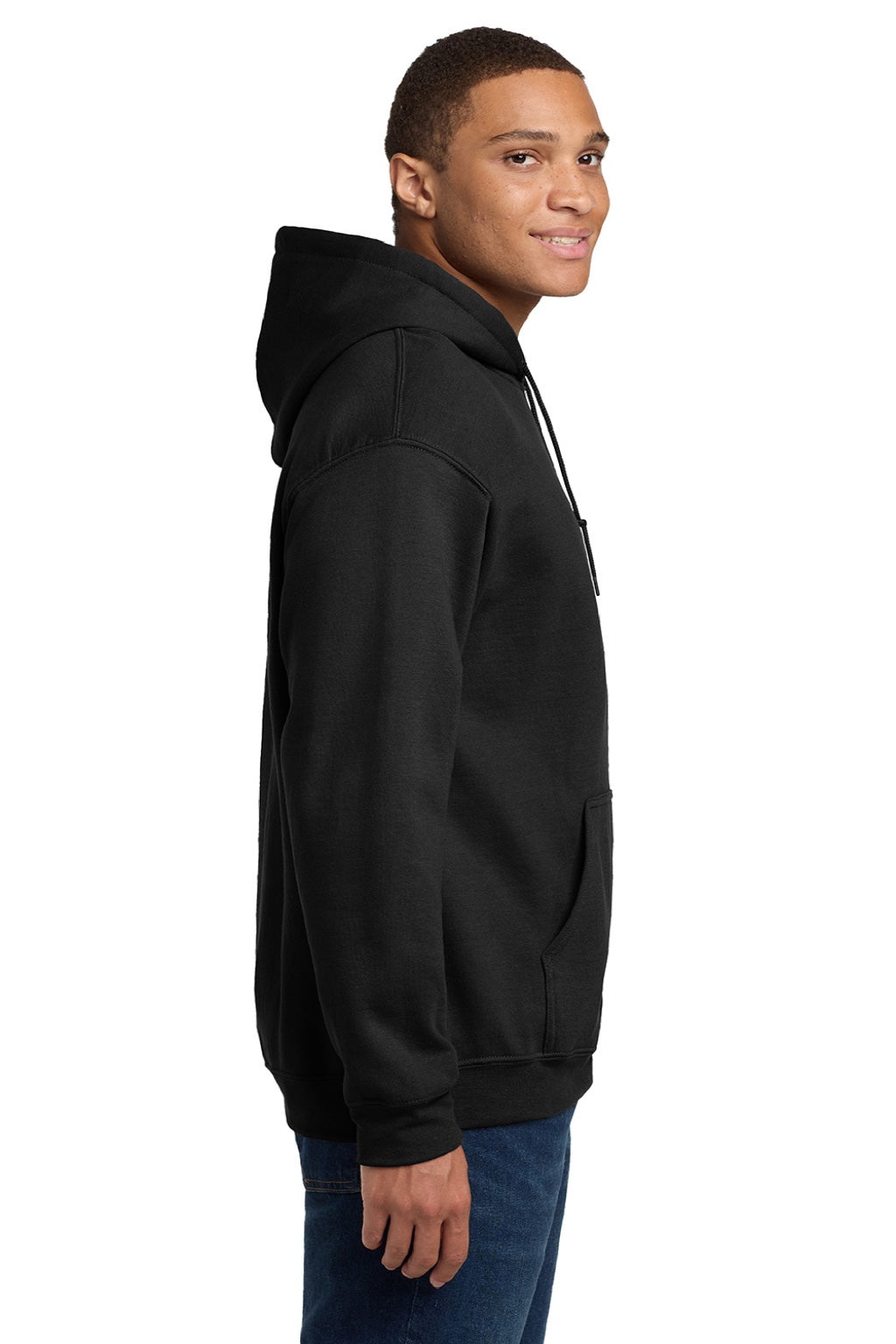 Gildan 18500 Mens Pill Resistant Hooded Sweatshirt Hoodie w/ Pouch Pocket Black Model Side