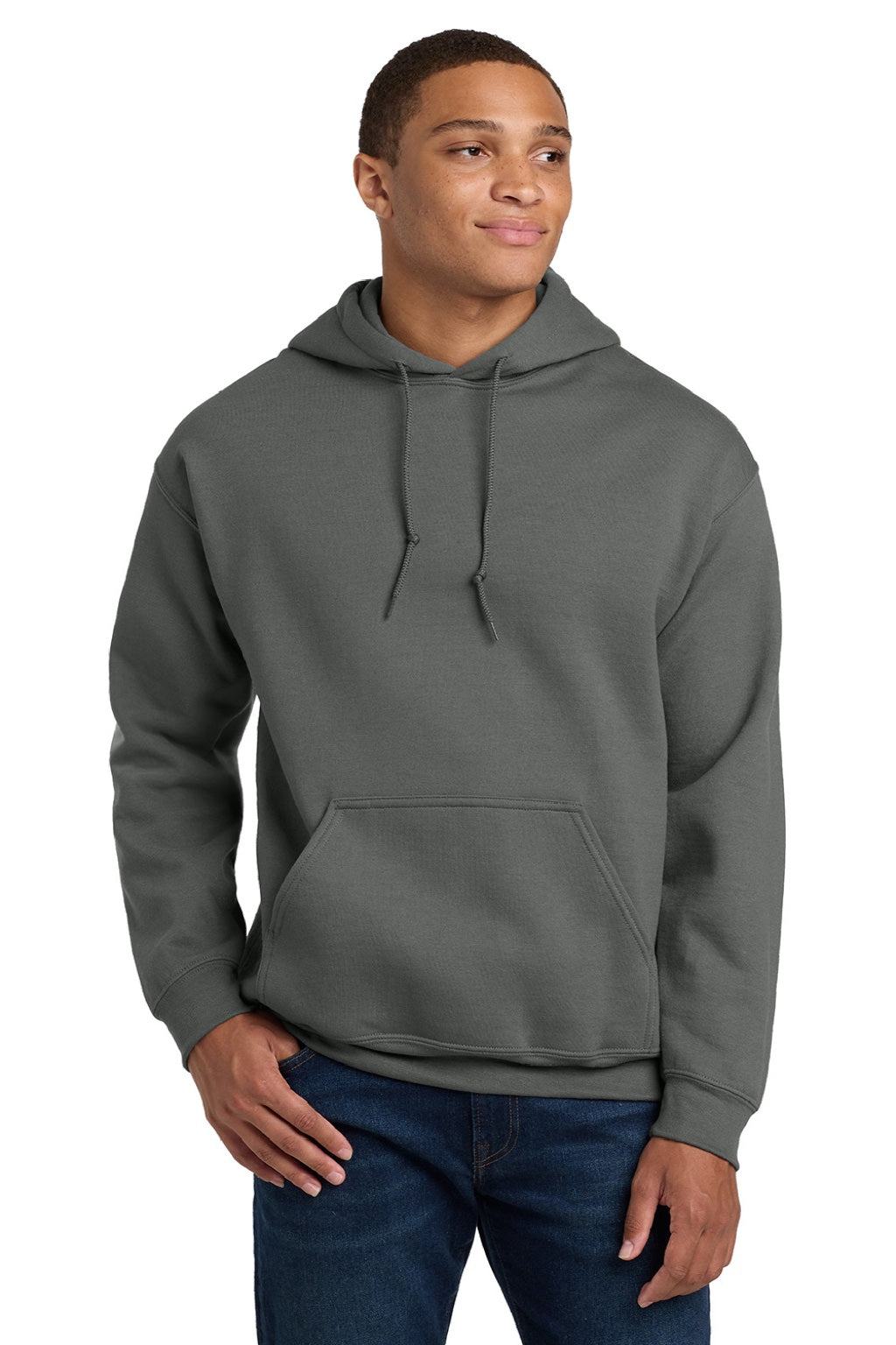 Gildan 18500 Mens Pill Resistant Hooded Sweatshirt Hoodie w/ Pouch Pocket Charcoal Grey Model Front