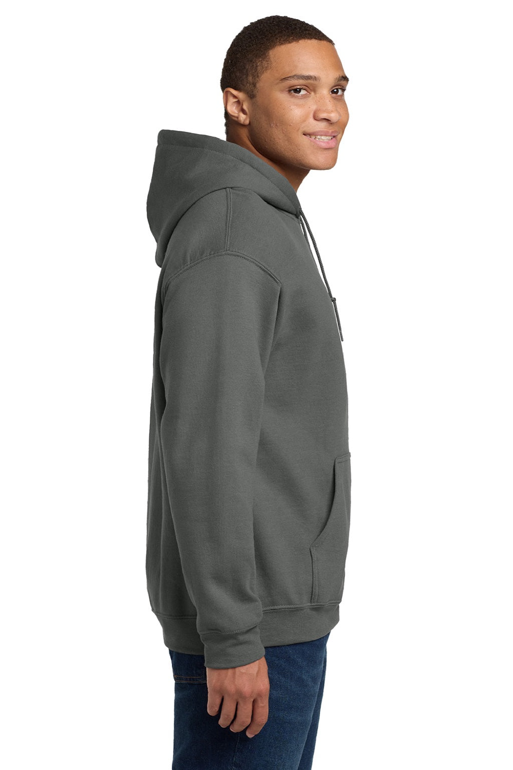 Gildan 18500 Mens Pill Resistant Hooded Sweatshirt Hoodie w/ Pouch Pocket Charcoal Grey Model Side