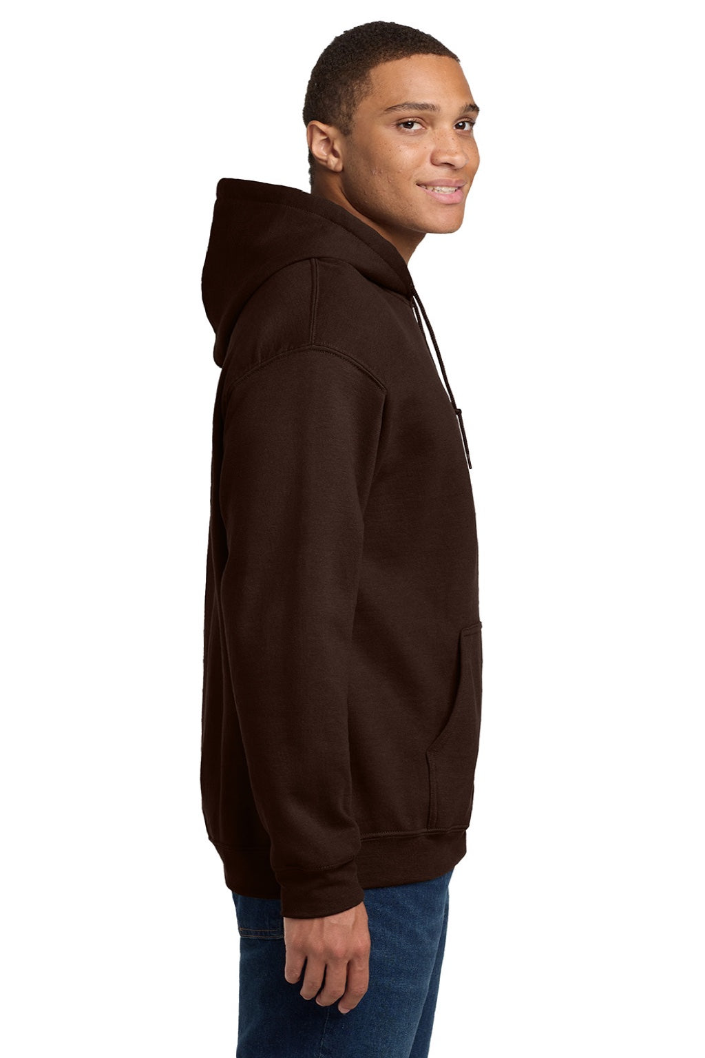 Gildan 18500 Mens Pill Resistant Hooded Sweatshirt Hoodie w/ Pouch Pocket Dark Chocolate Brown Model Side