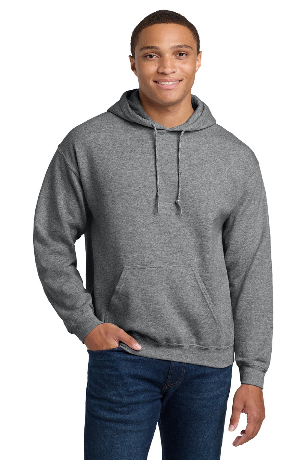 Gildan 18500 Mens Pill Resistant Hooded Sweatshirt Hoodie w/ Pouch Pocket Heather Graphite Grey Model Front