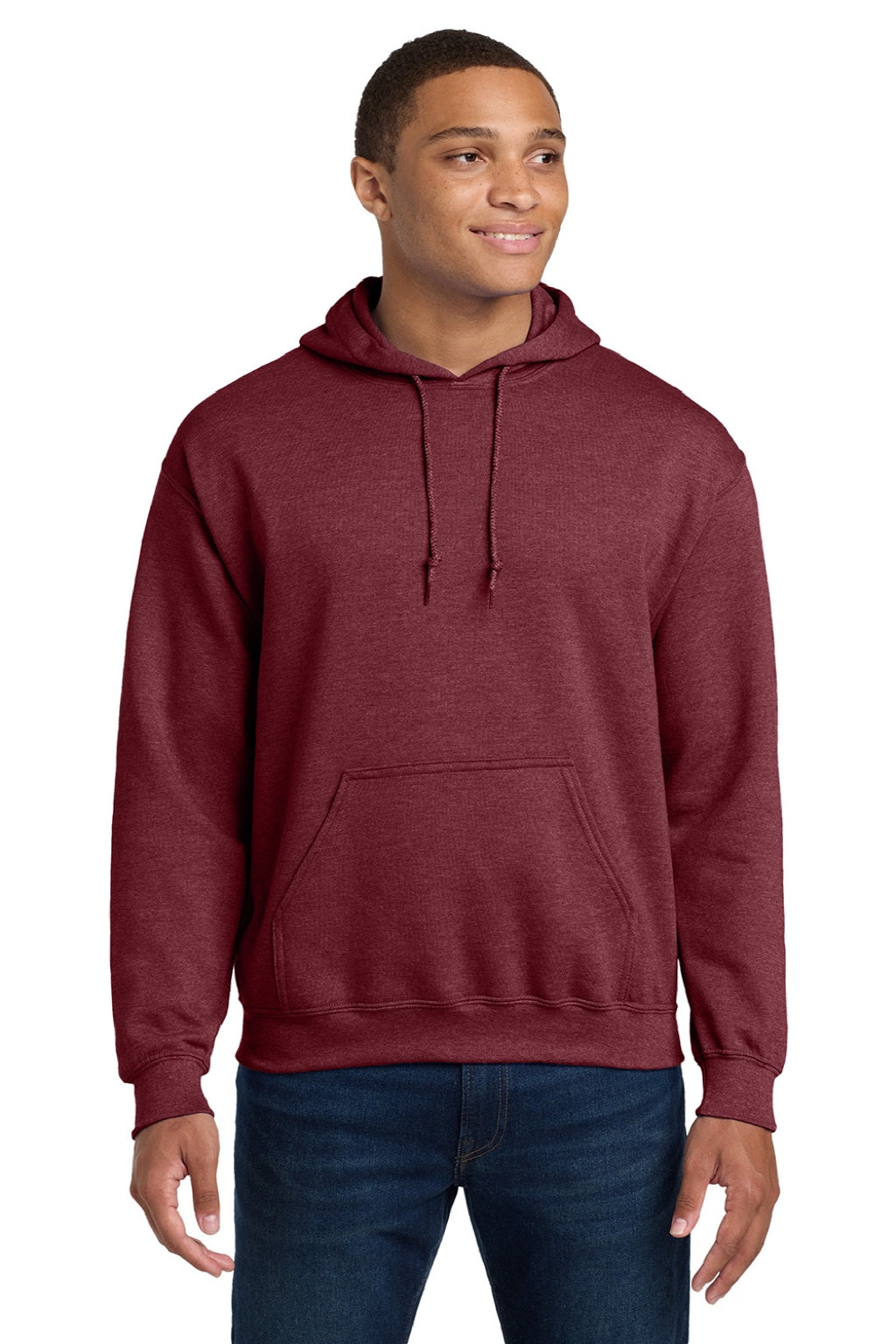 Gildan 18500 Mens Pill Resistant Hooded Sweatshirt Hoodie w/ Pouch Pocket Heather Dark Maroon Model Front