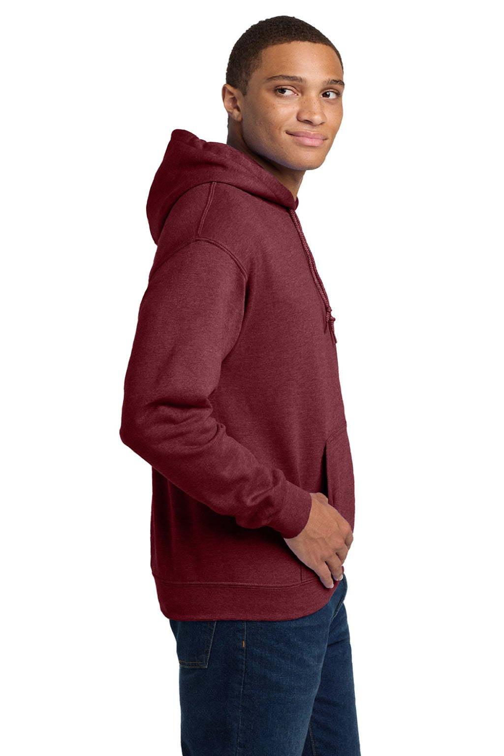 Gildan 18500 Mens Pill Resistant Hooded Sweatshirt Hoodie w/ Pouch Pocket Heather Dark Maroon Model Side