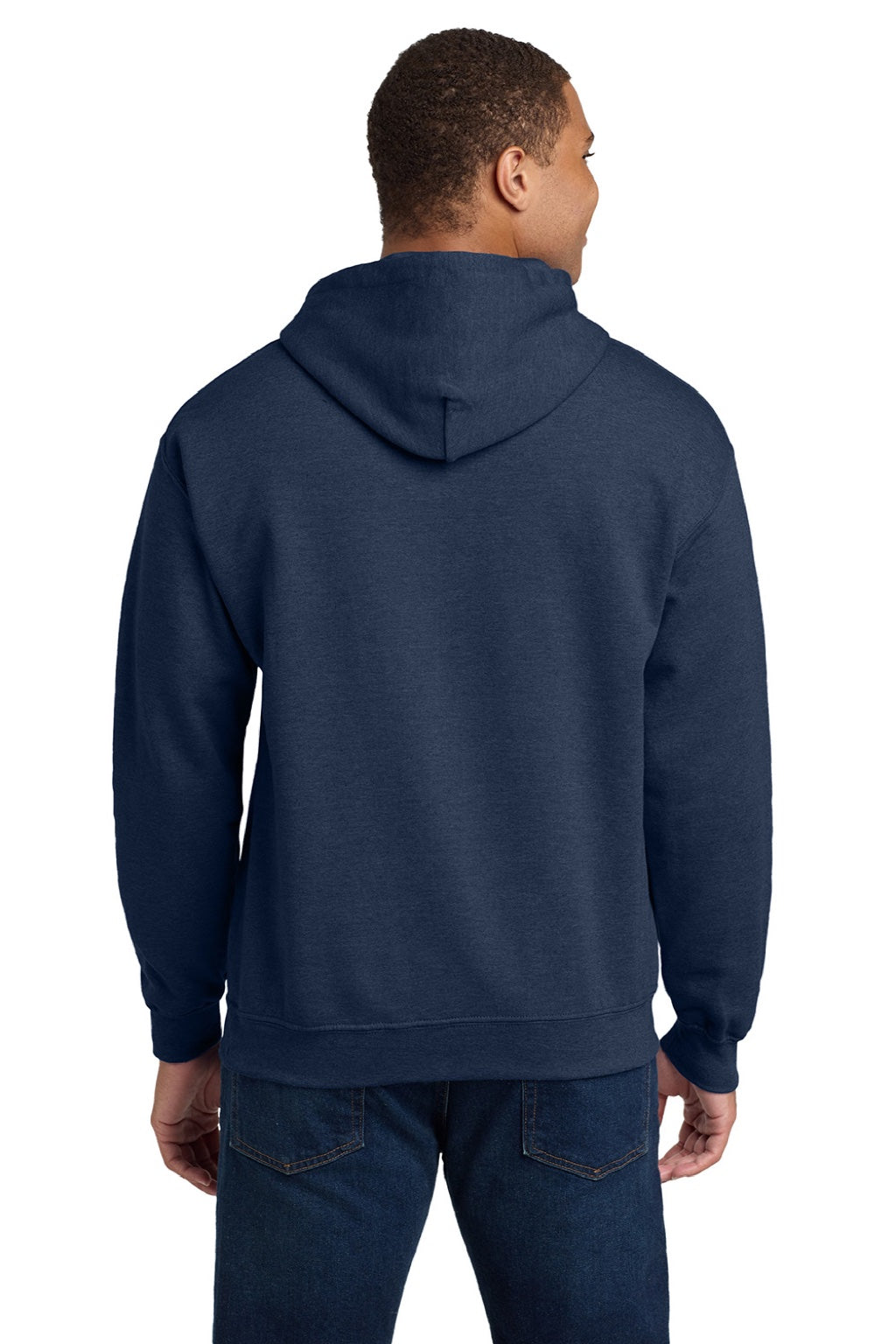 Gildan 18500 Mens Pill Resistant Hooded Sweatshirt Hoodie w/ Pouch Pocket Heather Dark Navy Blue Model Back