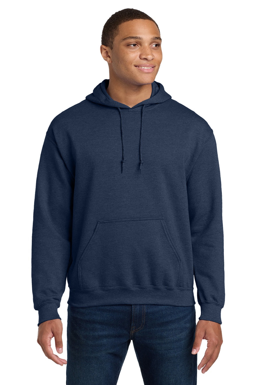 Gildan 18500 Mens Pill Resistant Hooded Sweatshirt Hoodie w/ Pouch Pocket Heather Dark Navy Blue Model Front