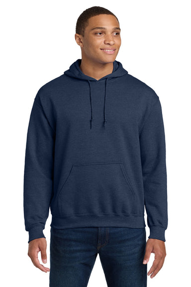 Gildan 18500 Mens Pill Resistant Hooded Sweatshirt Hoodie w/ Pouch Pocket Heather Dark Navy Blue Model Front