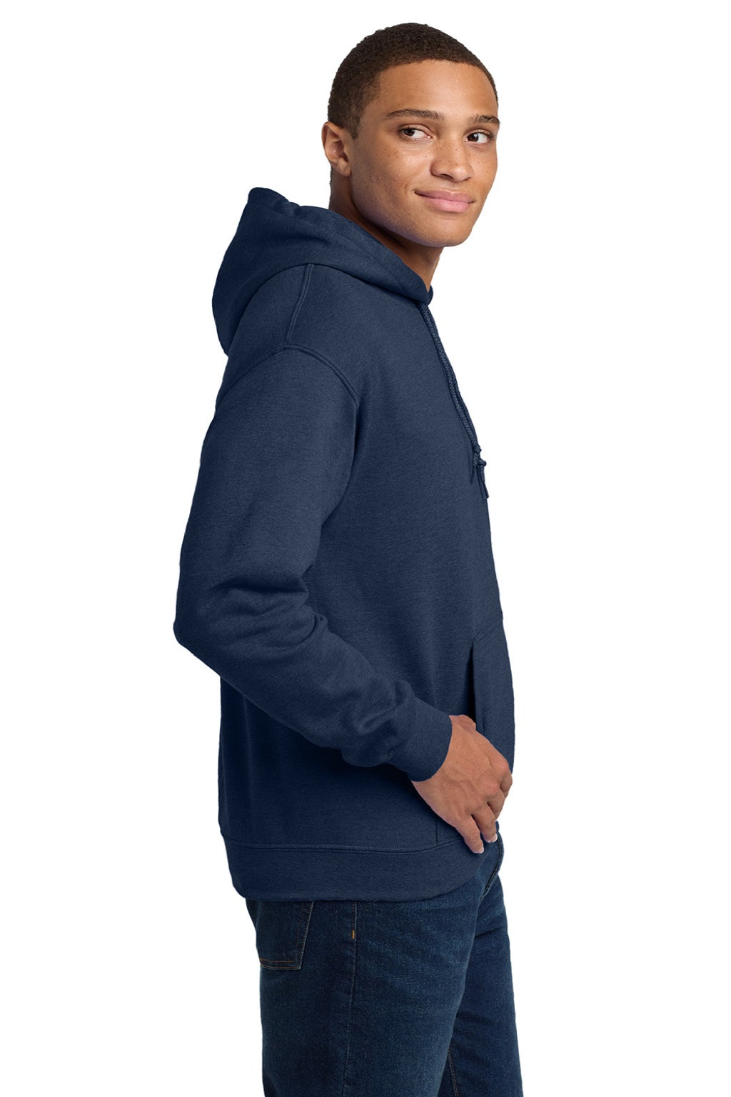 Gildan 18500 Mens Pill Resistant Hooded Sweatshirt Hoodie w/ Pouch Pocket Heather Dark Navy Blue Model Side