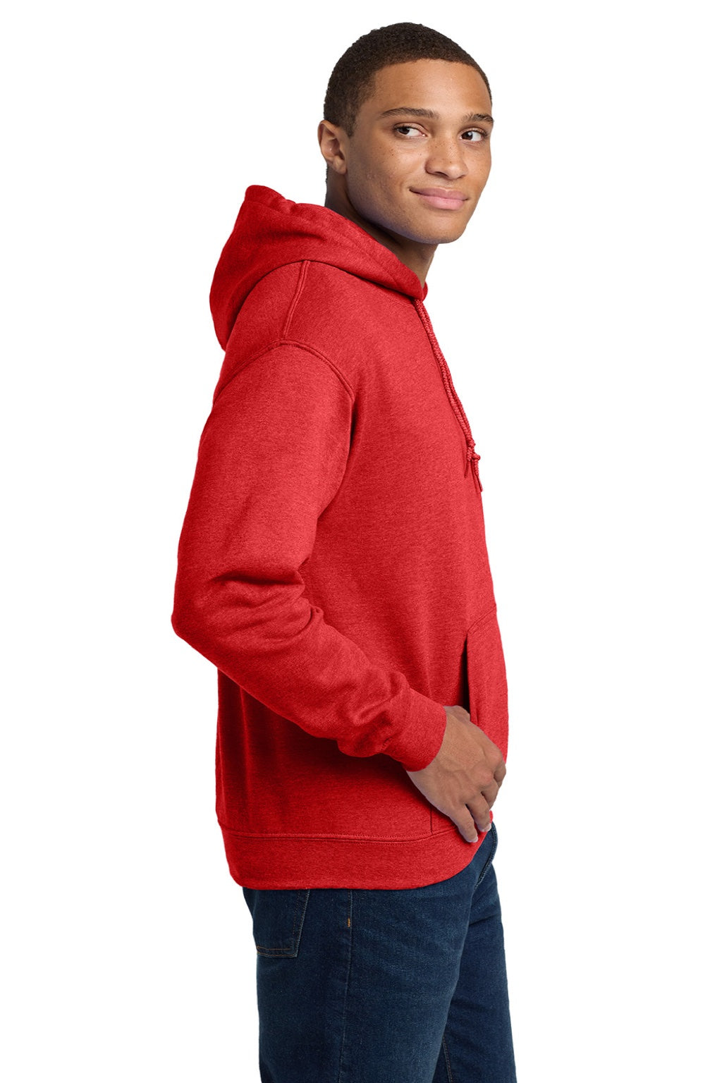 Gildan 18500 Mens Pill Resistant Hooded Sweatshirt Hoodie w/ Pouch Pocket Heather Scarlet Red Model Side