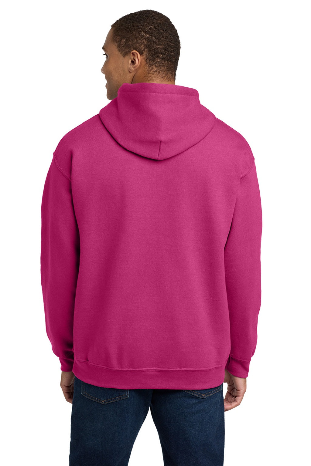 Gildan 18500 Mens Pill Resistant Hooded Sweatshirt Hoodie w/ Pouch Pocket Heliconia Pink Model Back