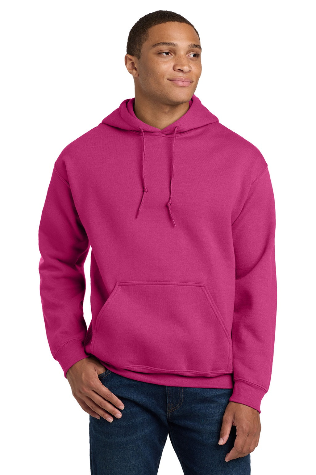 Gildan 18500 Mens Pill Resistant Hooded Sweatshirt Hoodie w/ Pouch Pocket Heliconia Pink Model Front