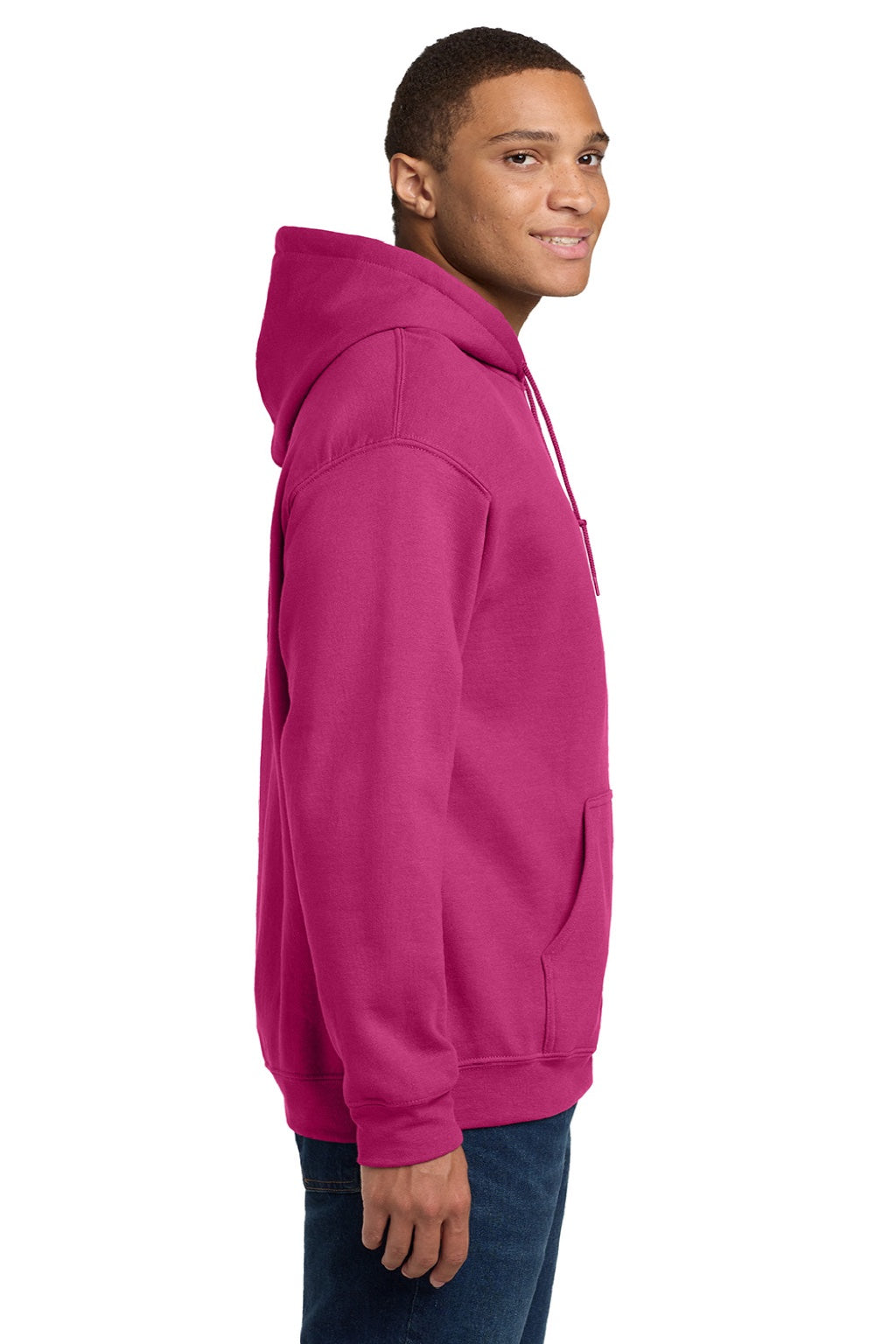 Gildan 18500 Mens Pill Resistant Hooded Sweatshirt Hoodie w/ Pouch Pocket Heliconia Pink Model Side